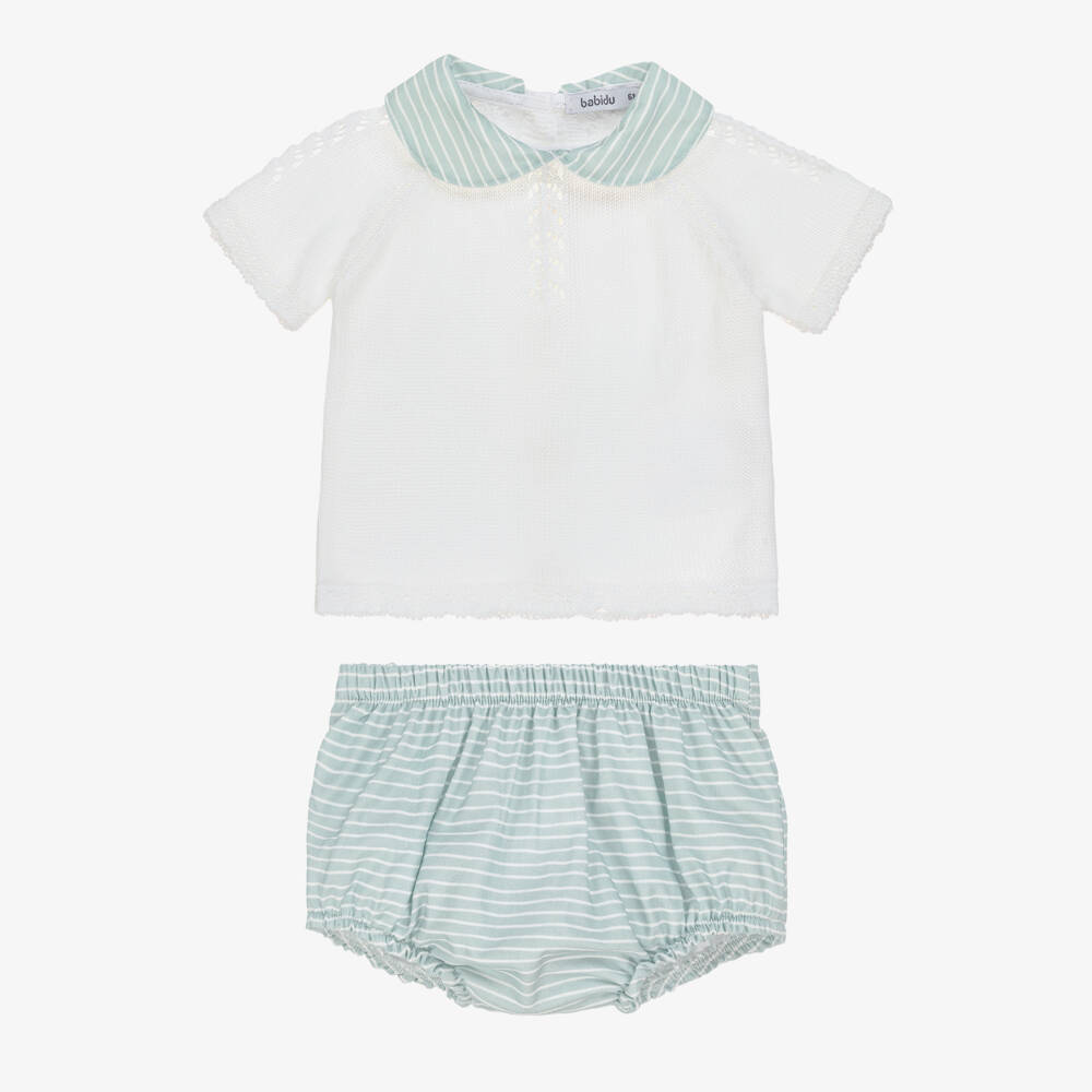 Babidu-Boys Green & White Knit Shorts Ensemble | Childrensalon Outlet