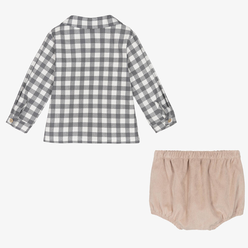 Babidu-Boys Grey & Beige Check Shorts Set | Childrensalon Outlet