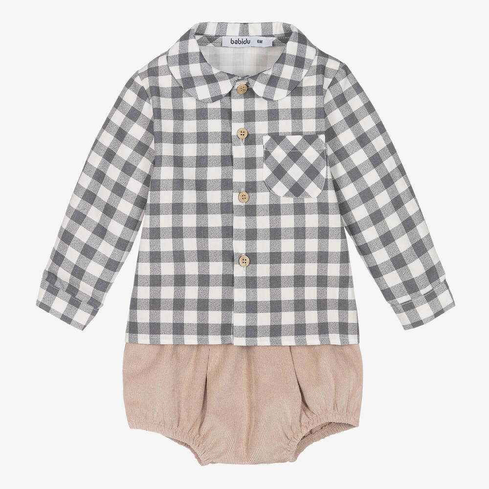 Babidu - Ensemble short gris beige carreaux | Childrensalon