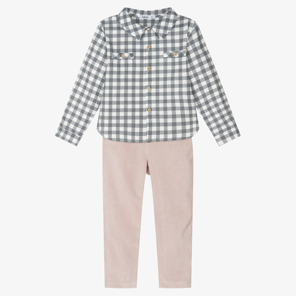 Babidu - Boys Grey Check Cotton Trouser Set | Childrensalon