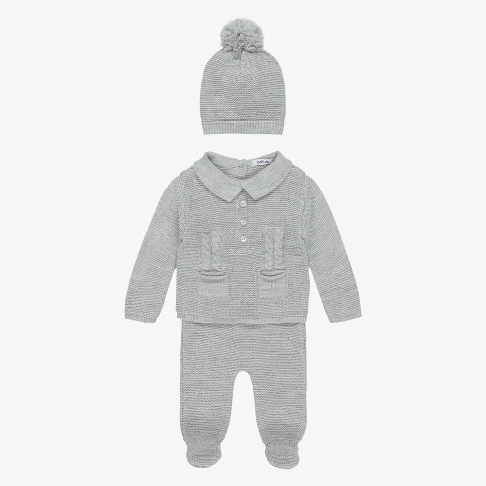 Babidu-Boys Grey Knitted Babysuit & Pom-Pom Hat Set | Childrensalon Outlet