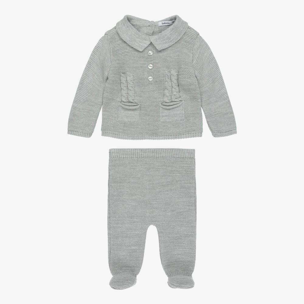 Babidu-Boys Grey Knitted Babysuit & Pom-Pom Hat Set | Childrensalon Outlet