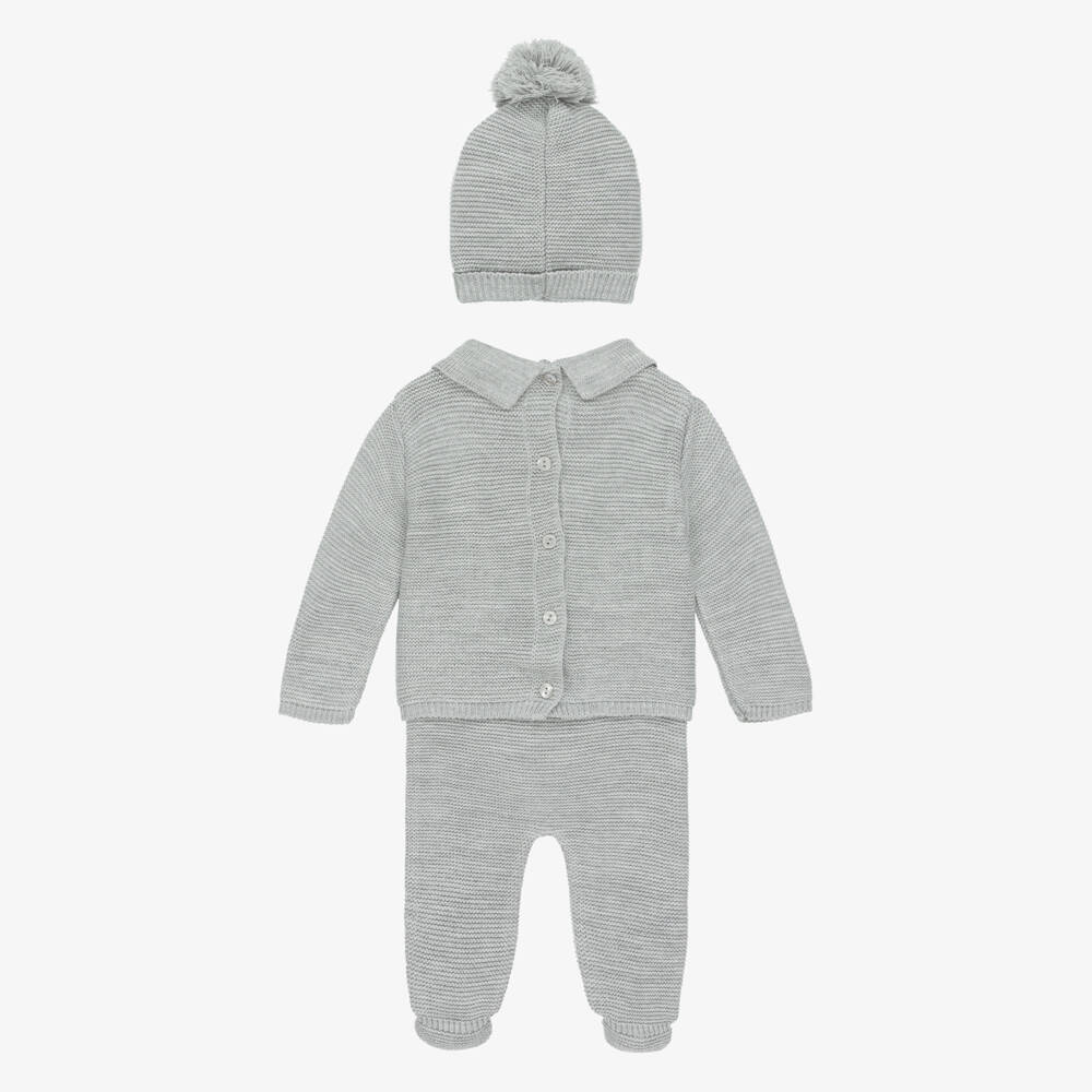 Babidu-Boys Grey Knitted Babysuit & Pom-Pom Hat Set | Childrensalon Outlet