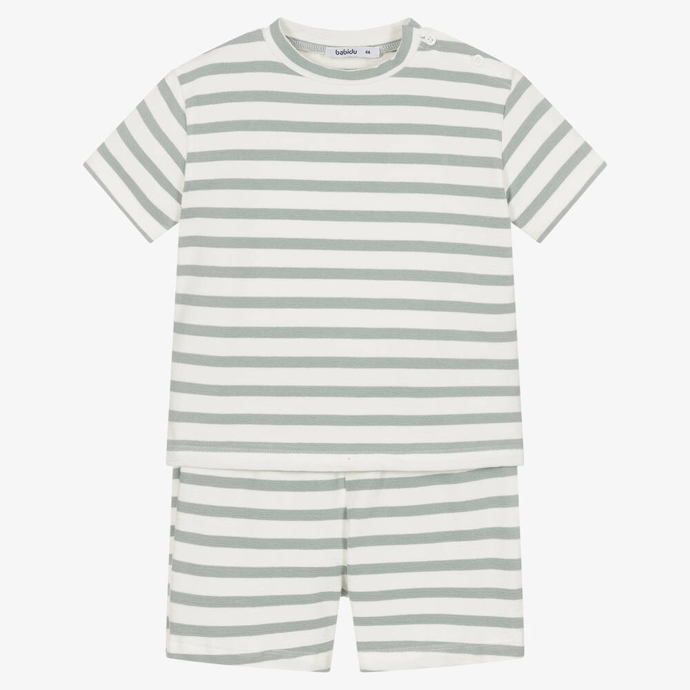 Babidu - Boys Grey Striped Cotton Shorts Set | Childrensalon