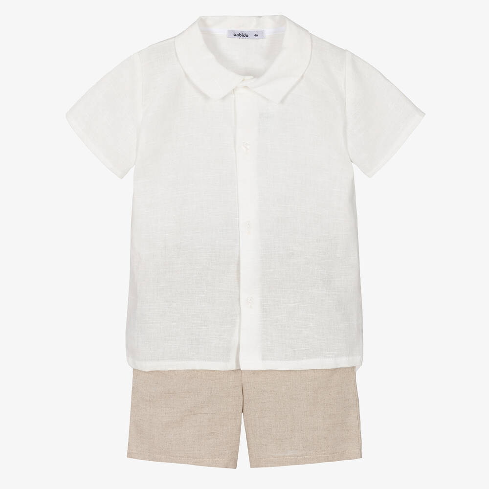 Babidu-Boys Ivory & Beige Cotton Shorts Set | Childrensalon Outlet