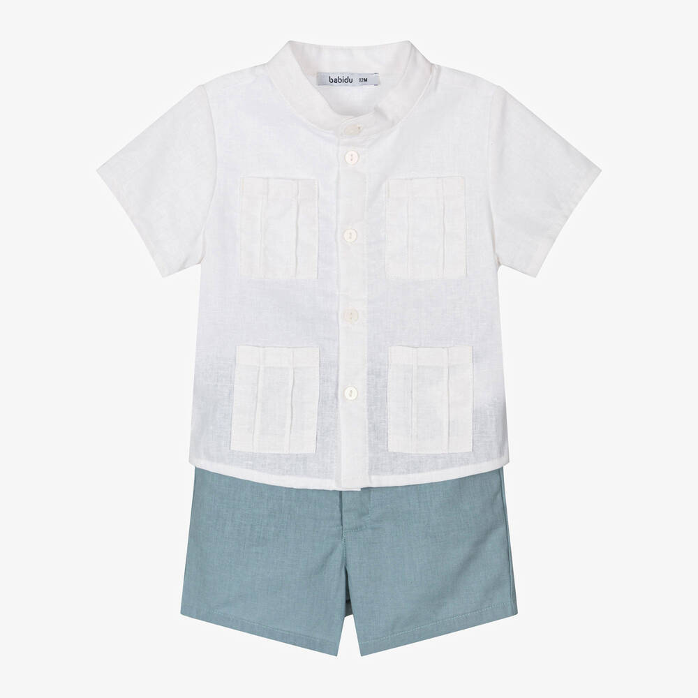 Babidu-Boys Ivory & Blue Linen Shorts Set | Childrensalon Outlet