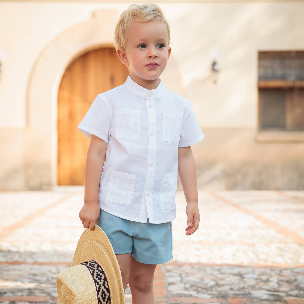 Babidu-Boys Ivory & Blue Linen Shorts Set | Childrensalon Outlet