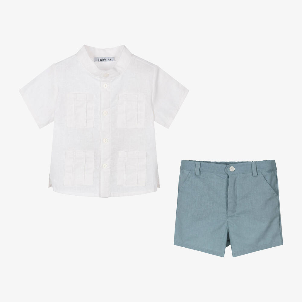 Babidu-Boys Ivory & Blue Linen Shorts Set | Childrensalon Outlet