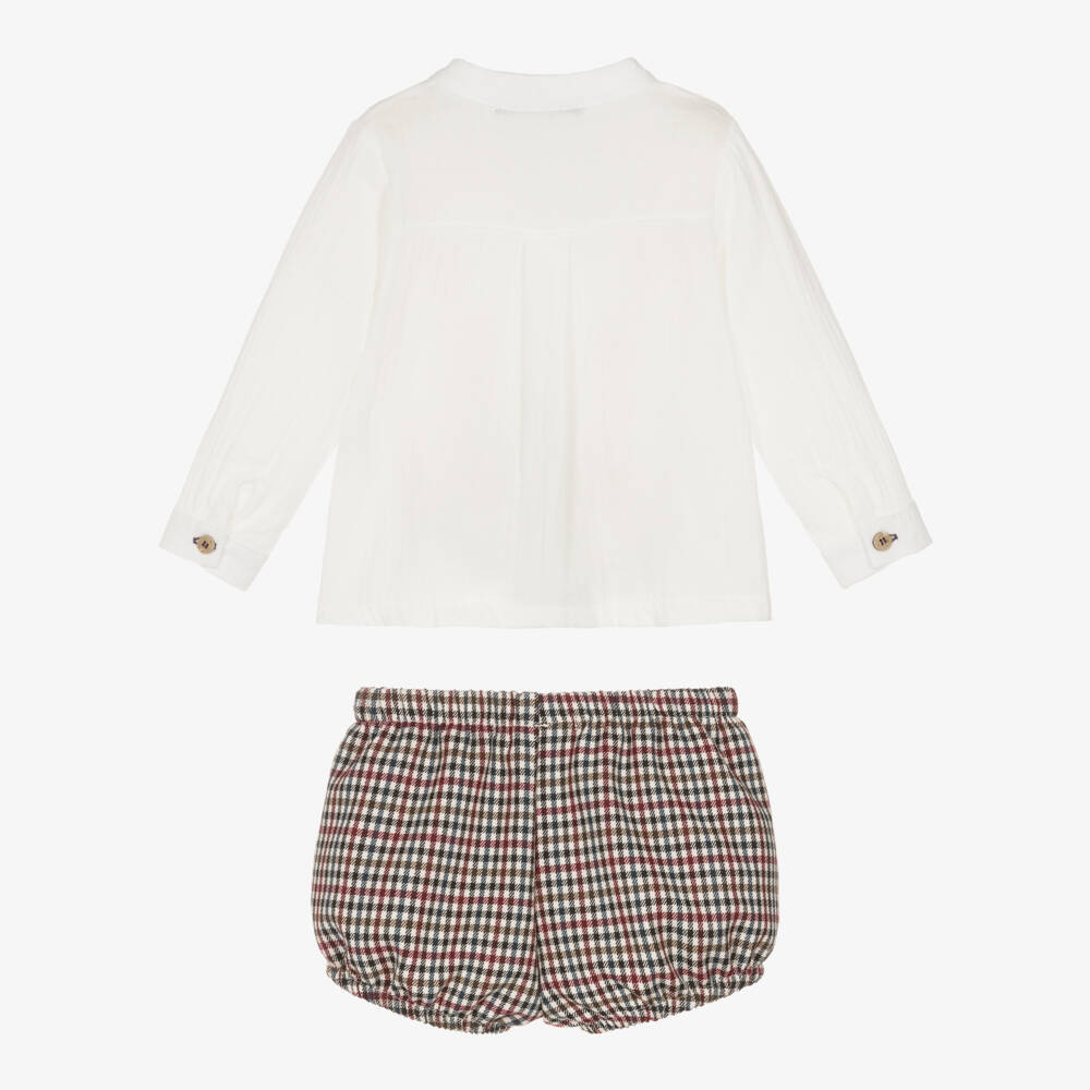Babidu-Boys Ivory & Burgundy Red Check Cotton Shorts Set | Childrensalon Outlet