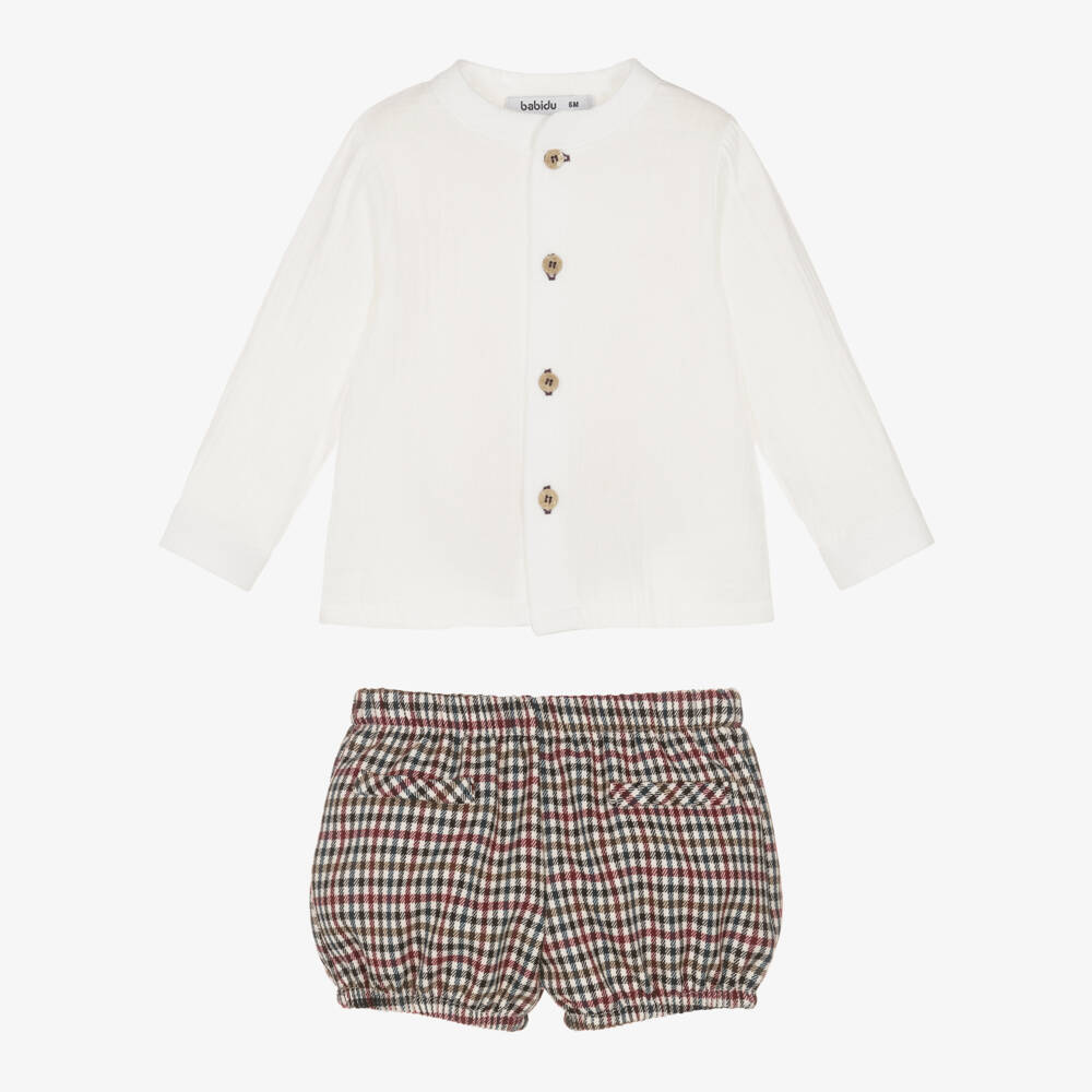 Babidu-Boys Ivory & Burgundy Red Check Cotton Shorts Set | Childrensalon Outlet