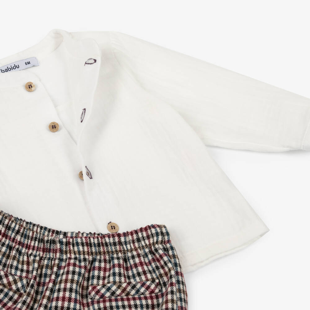 Babidu-Boys Ivory & Burgundy Red Check Cotton Shorts Set | Childrensalon Outlet