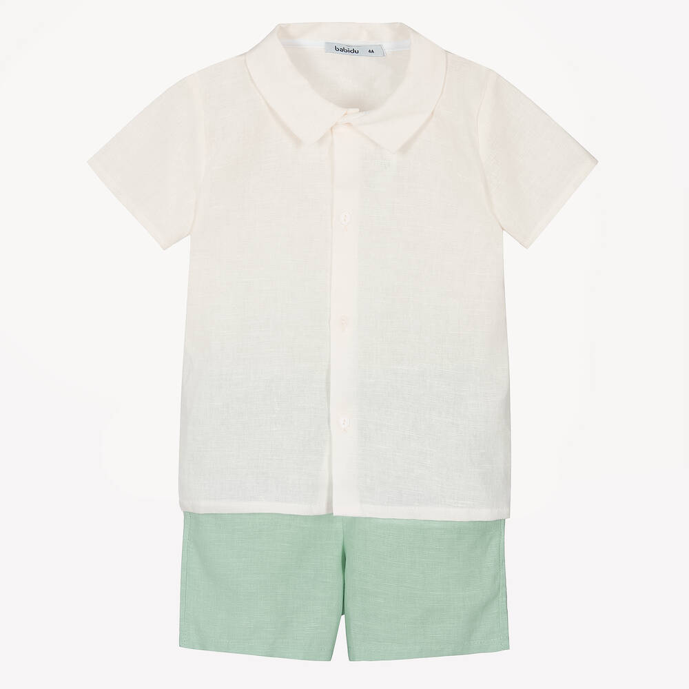 Babidu - Boys Ivory & Green Cotton Shorts Set | Childrensalon