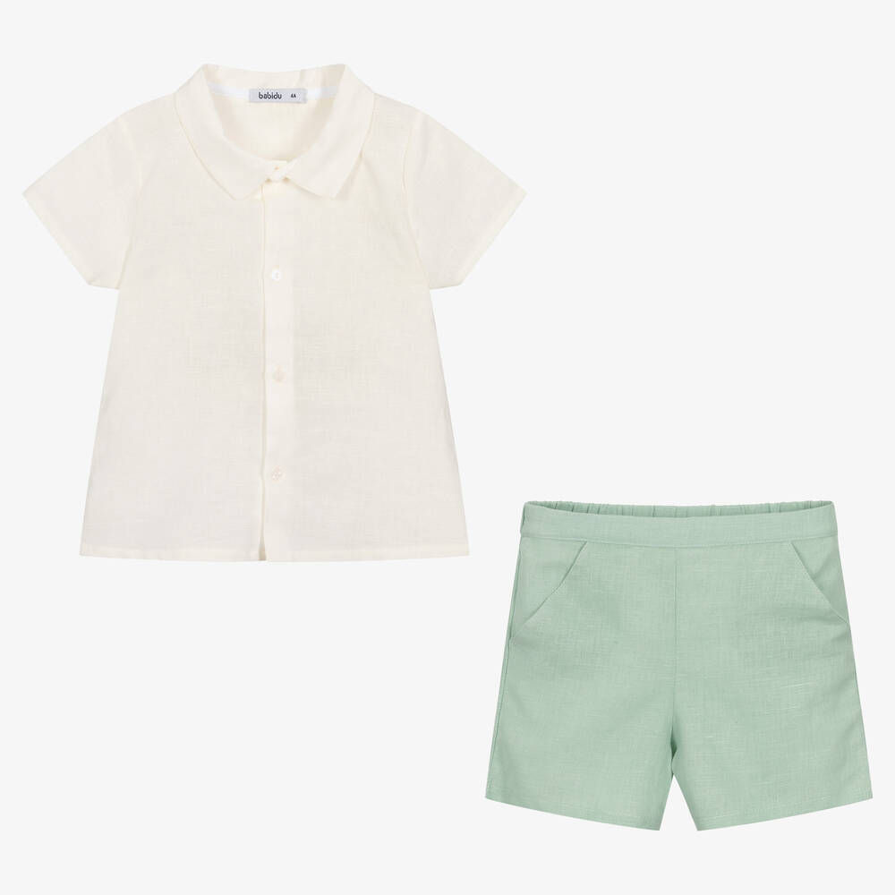 Babidu-Boys Ivory & Green Cotton Shorts Set | Childrensalon Outlet