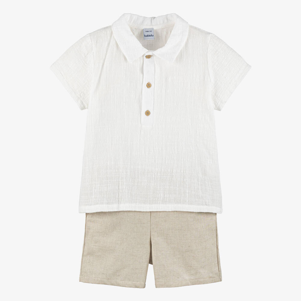 Babidu-Boys Ivory Polo Shirt & Beige Cotton Shorts Set | Childrensalon Outlet