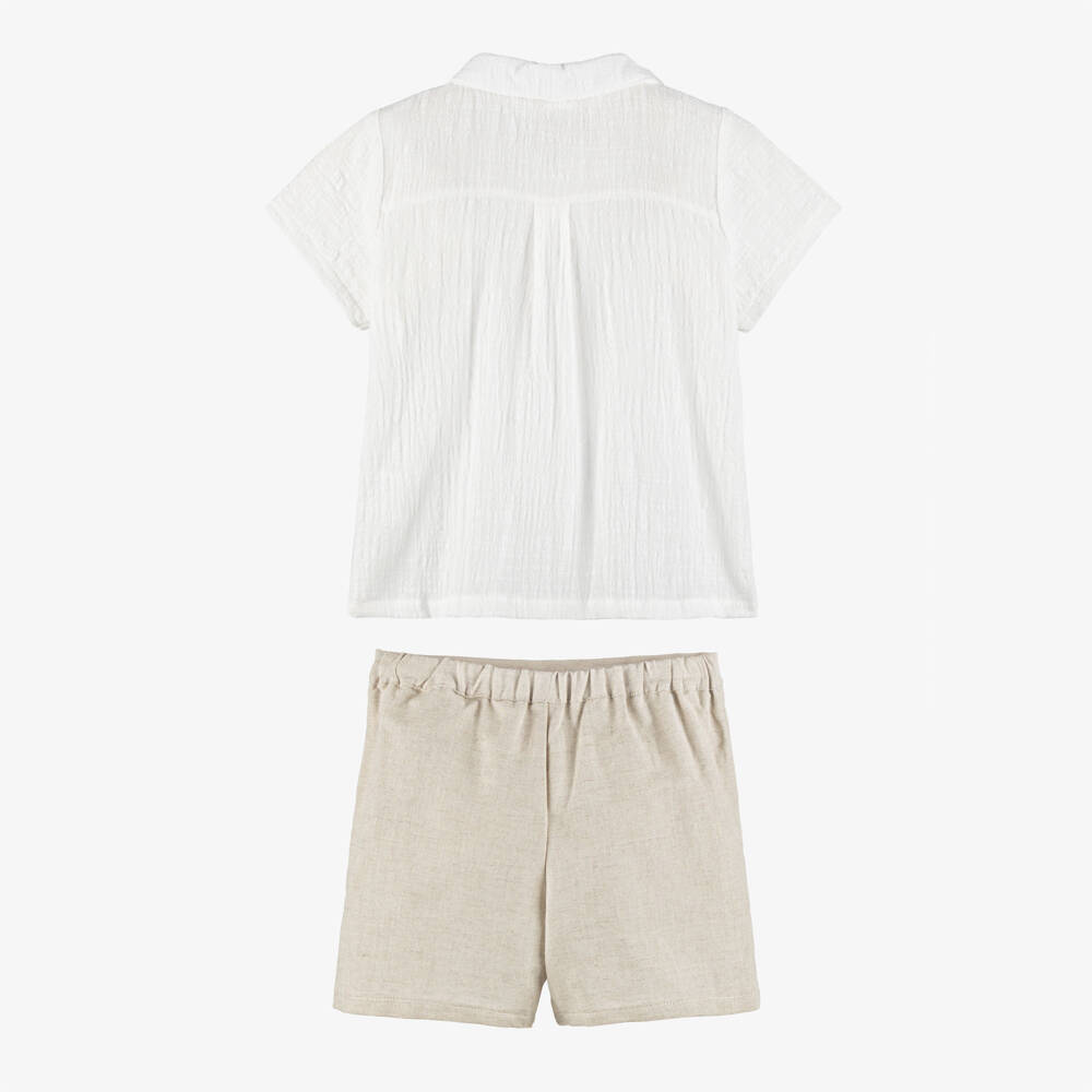 Babidu-Boys Ivory Polo Shirt & Beige Cotton Shorts Set | Childrensalon Outlet