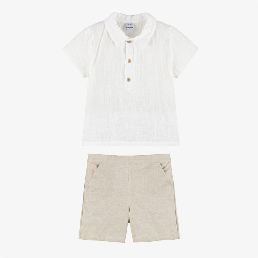 Babidu-Boys Ivory Polo Shirt & Beige Cotton Shorts Set | Childrensalon Outlet