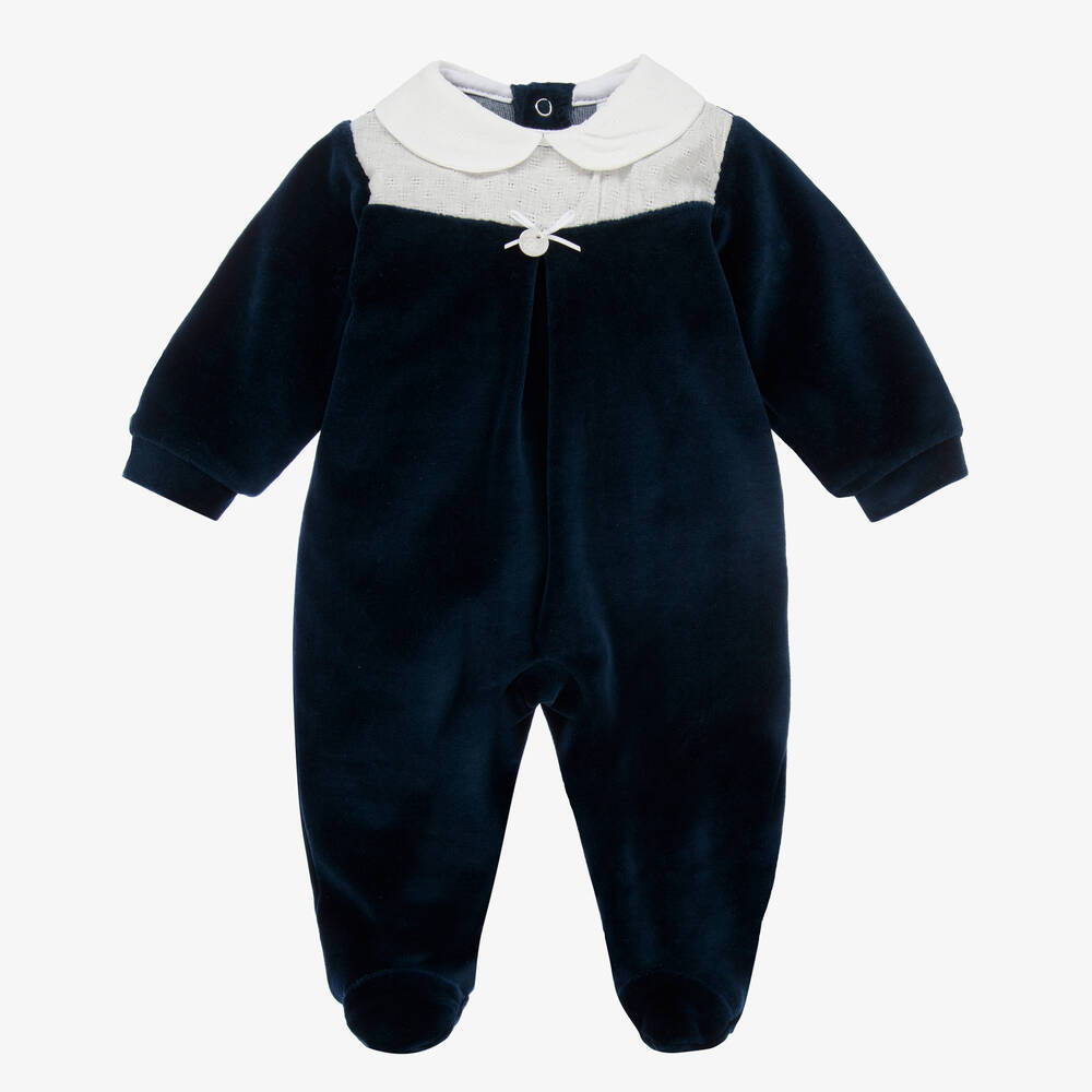 Babidu - Boys Navy Blue Velour Babygrow | Childrensalon