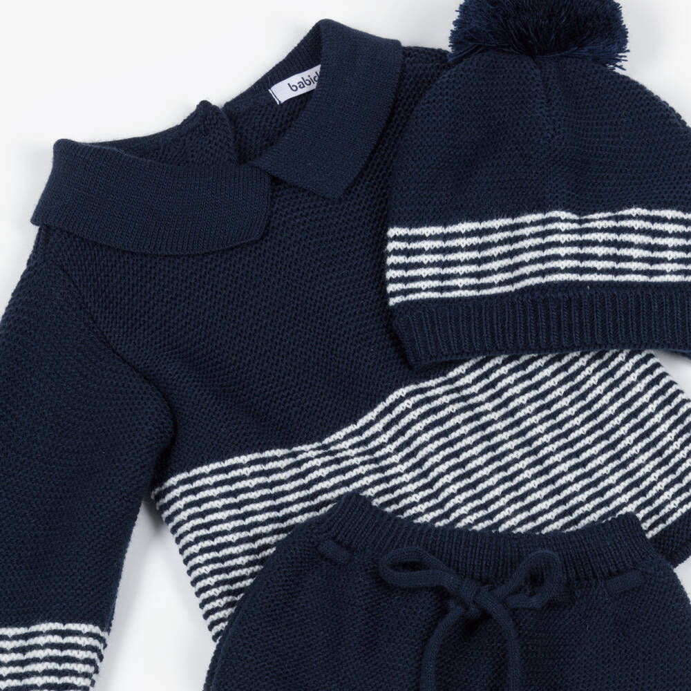 Babidu-Boys Navy Blue & White Stripe Knitted Shorts Set | Childrensalon Outlet