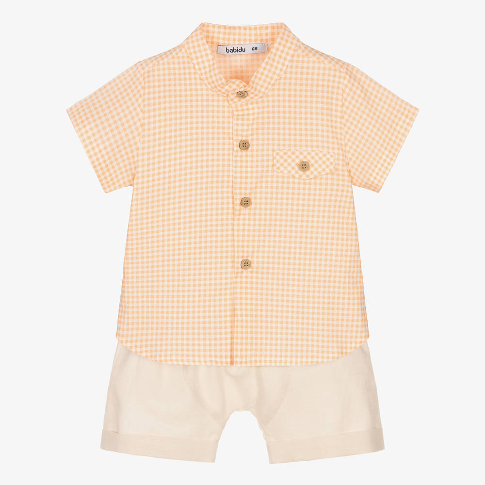 Babidu - Boys Orange & Beige Cotton Short Set | Childrensalon