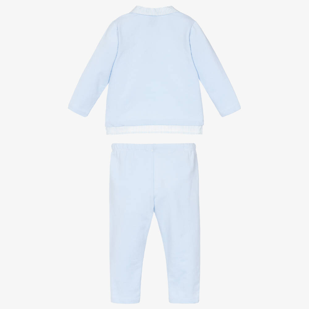 Babidu-Boys Pale Blue Cotton Jersey Trouser Set with Striped Trims | Childrensalon Outlet