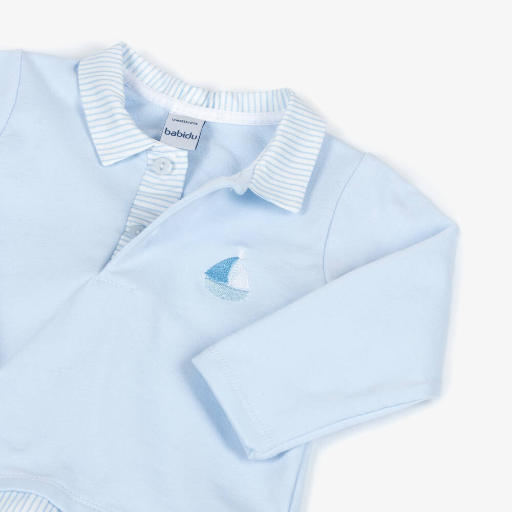 Babidu-Boys Pale Blue Cotton Jersey Trouser Set with Striped Trims | Childrensalon Outlet