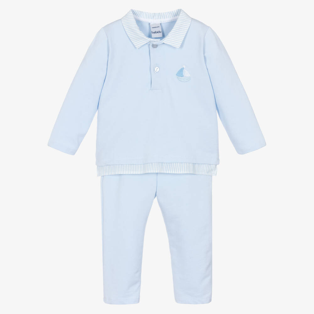 Babidu-Boys Pale Blue Cotton Jersey Trouser Set with Striped Trims | Childrensalon Outlet