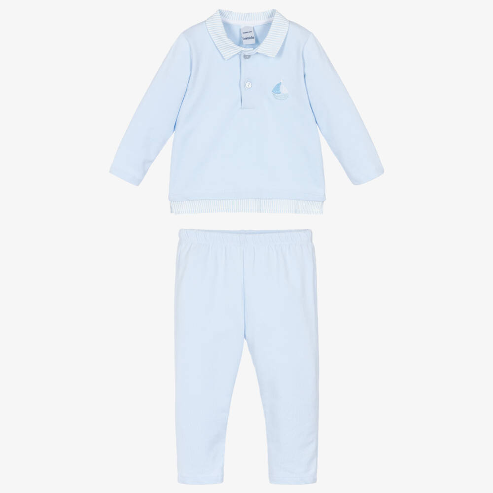 Babidu-Boys Pale Blue Cotton Jersey Trouser Set with Striped Trims | Childrensalon Outlet