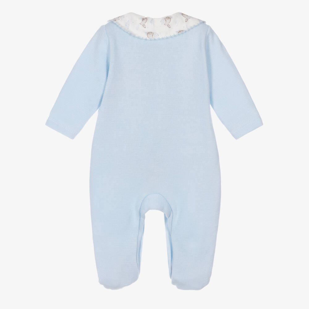 Babidu-Boys Pale Blue Cotton Knit Babygrow with Bunny Print Trims | Childrensalon Outlet