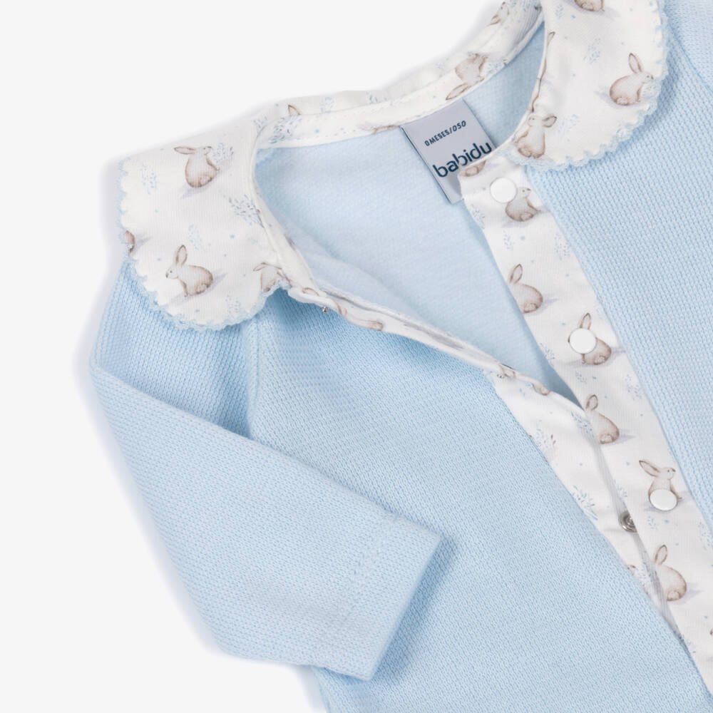 Babidu-Boys Pale Blue Cotton Knit Babygrow with Bunny Print Trims | Childrensalon Outlet