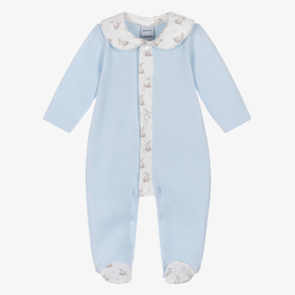 Babidu-Boys Pale Blue Cotton Knit Babygrow with Bunny Print Trims | Childrensalon Outlet