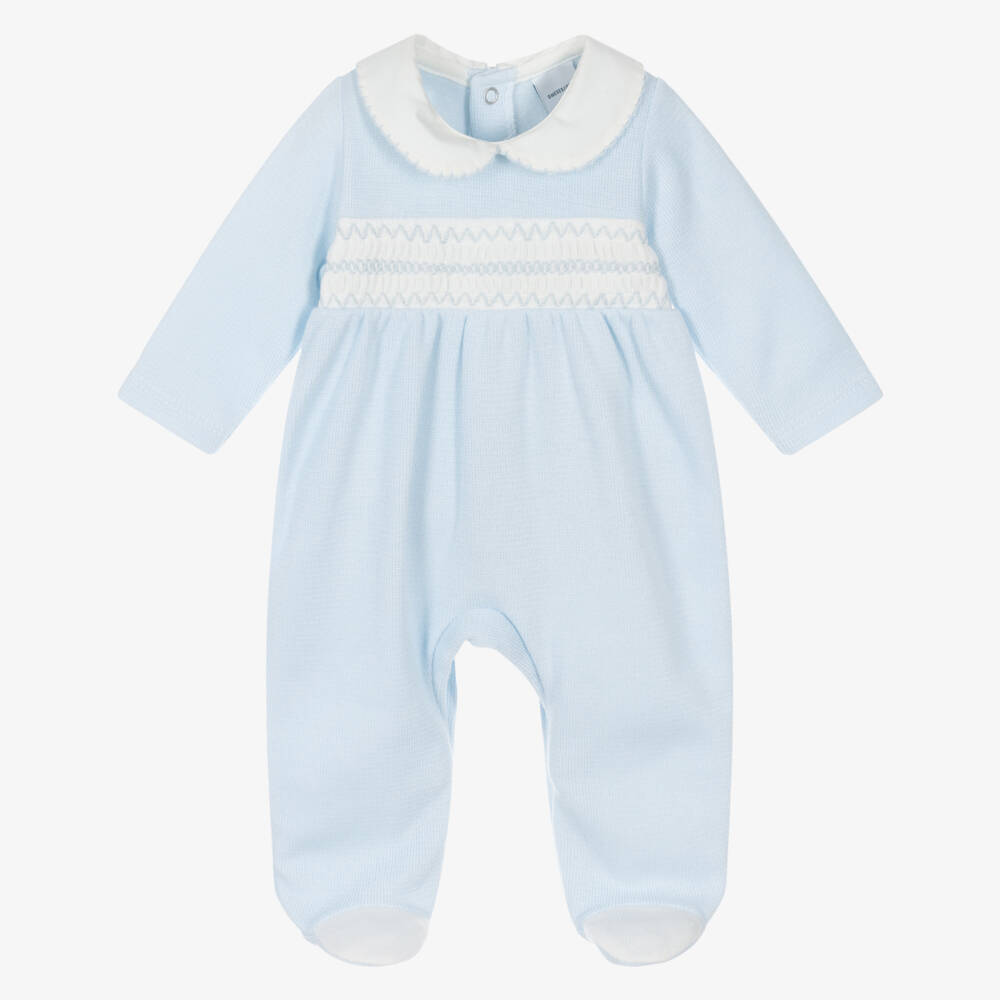 Babidu-Boys Pale Blue Cotton Knit Smocked Babygrow | Childrensalon Outlet