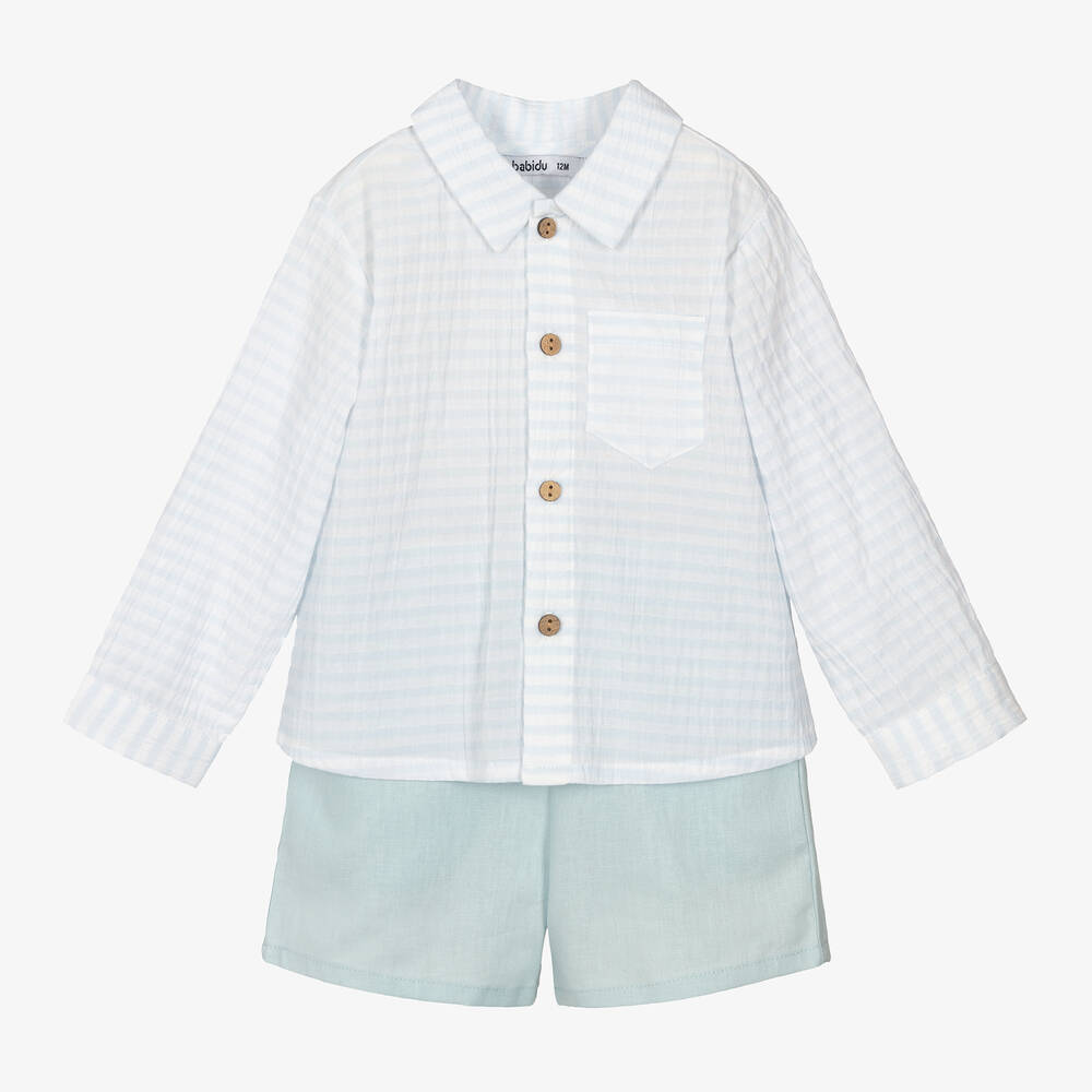 Babidu-Boys Pale Blue Cotton & Linen Shorts Set | Childrensalon Outlet