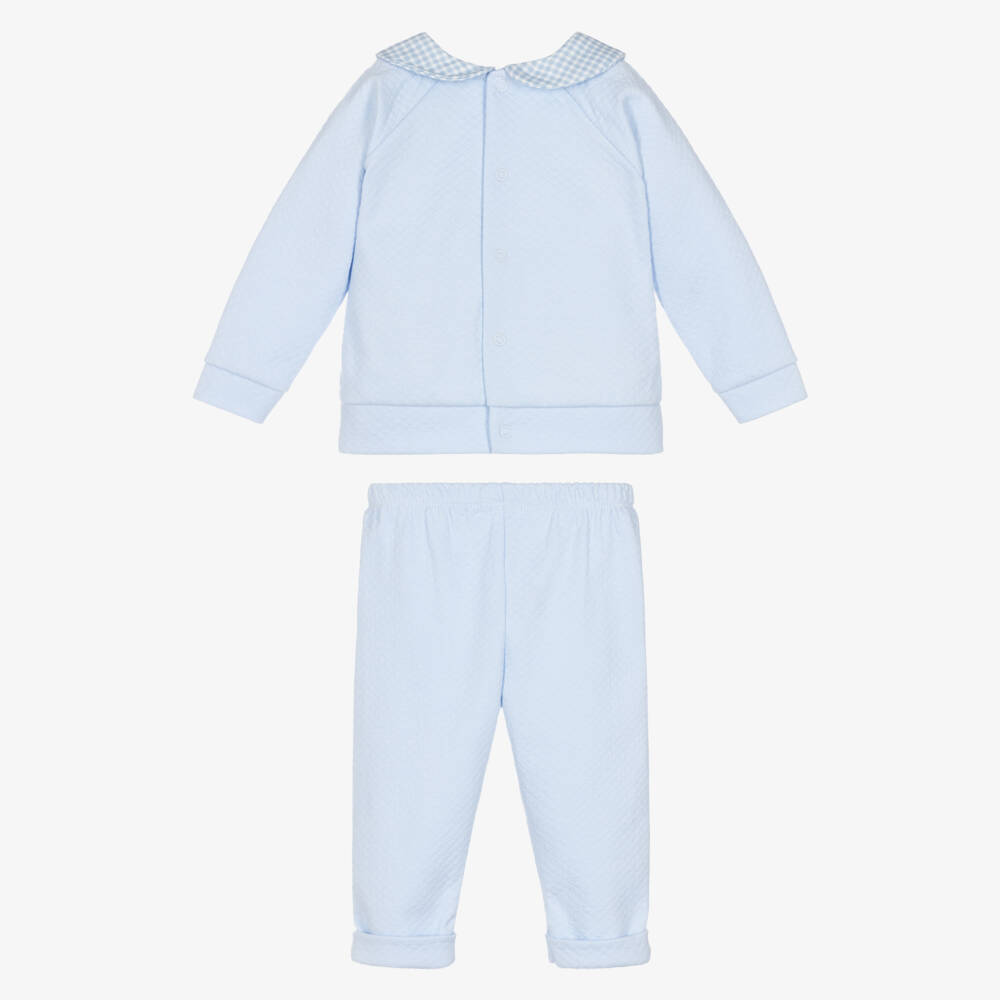 Babidu-Boys Pale Blue Cotton Trouser Set with Gingham Collar | Childrensalon Outlet