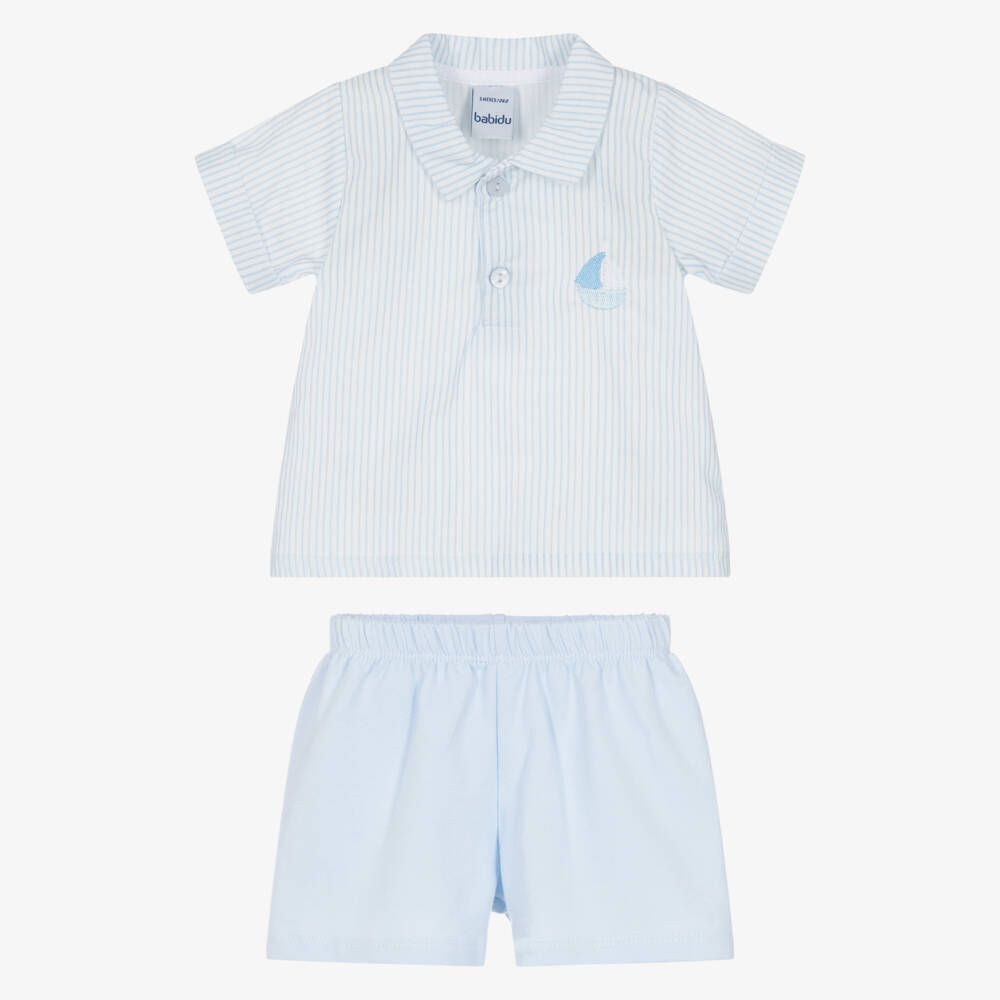 Babidu-Boys Pale Blue Stripe Cotton Shorts Set | Childrensalon Outlet
