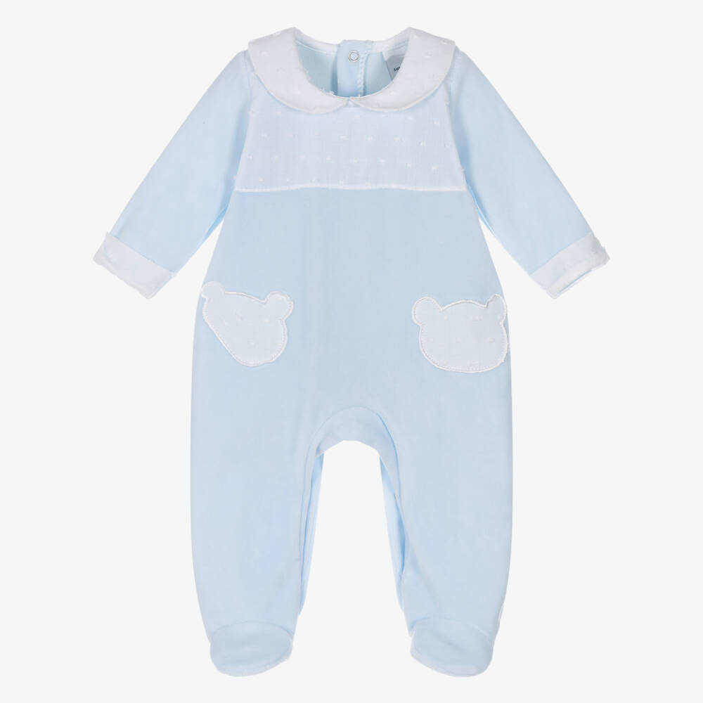 Babidu-Boys Pale Blue Velour Babygrow with Teddy Bear Pockets | Childrensalon Outlet