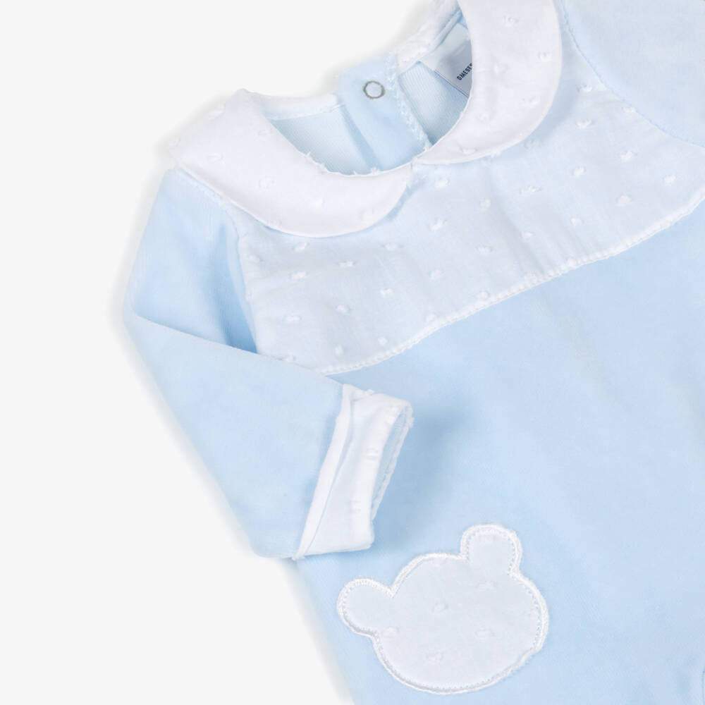 Babidu-Boys Pale Blue Velour Babygrow with Teddy Bear Pockets | Childrensalon Outlet