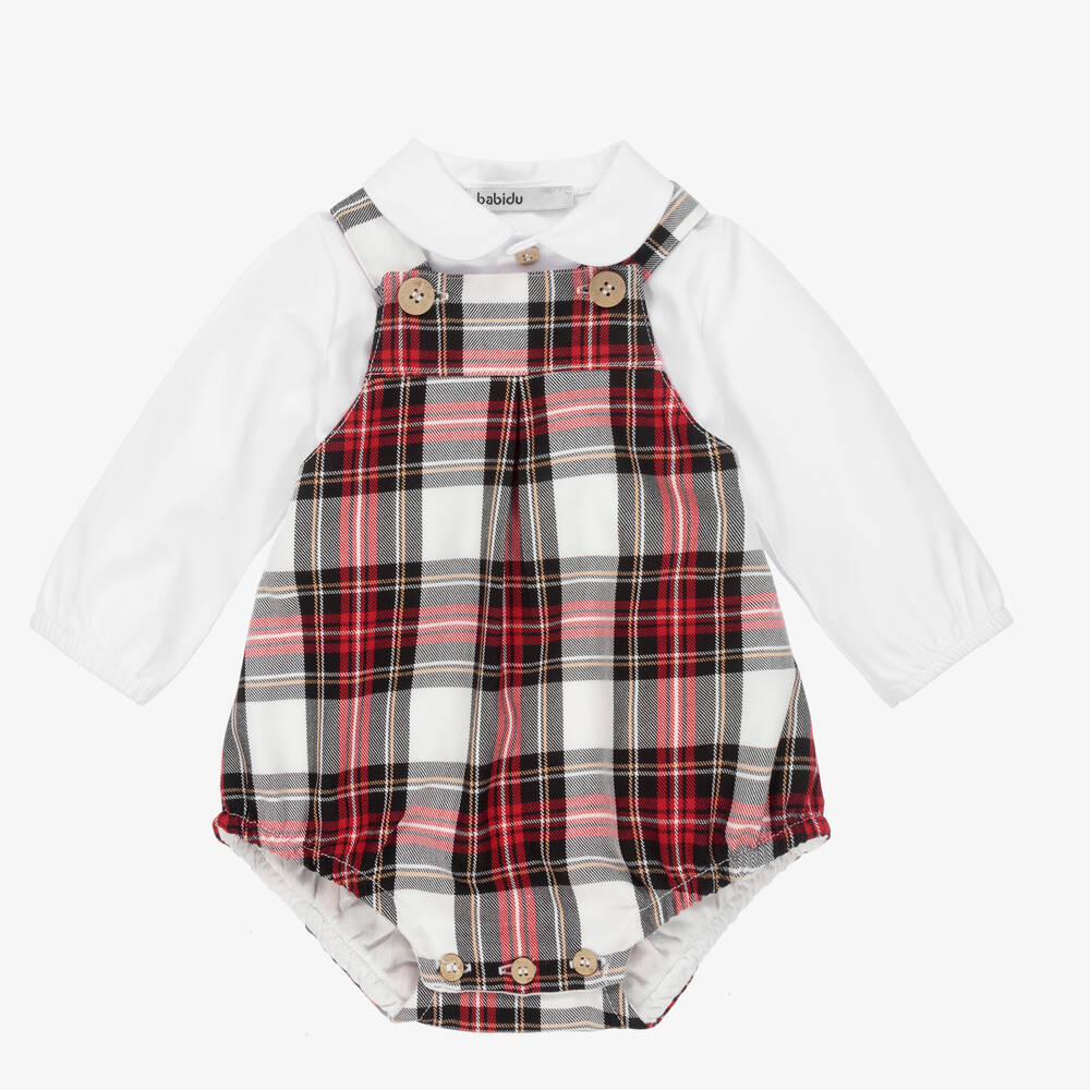 Babidu - Boys Red Check Dungaree Set | Childrensalon