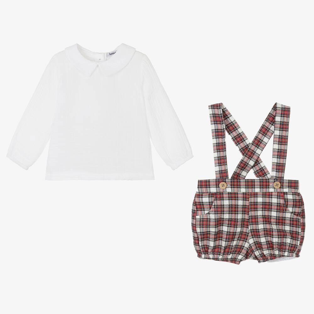 Babidu-طقم شورت أطفال ولادي قطن تارتان لون أحمر وأبيض | Childrensalon Outlet