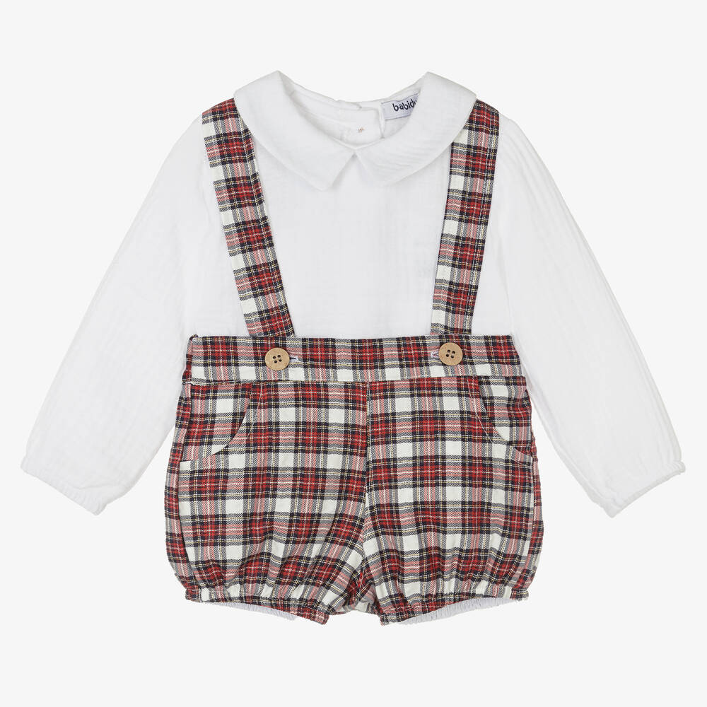 Babidu - Boys Red Tartan Cotton Shorts Set | Childrensalon