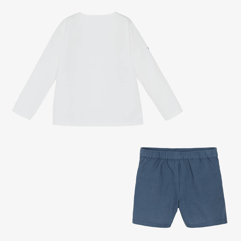 Babidu-Boys White & Blue Cotton Shorts Set | Childrensalon Outlet