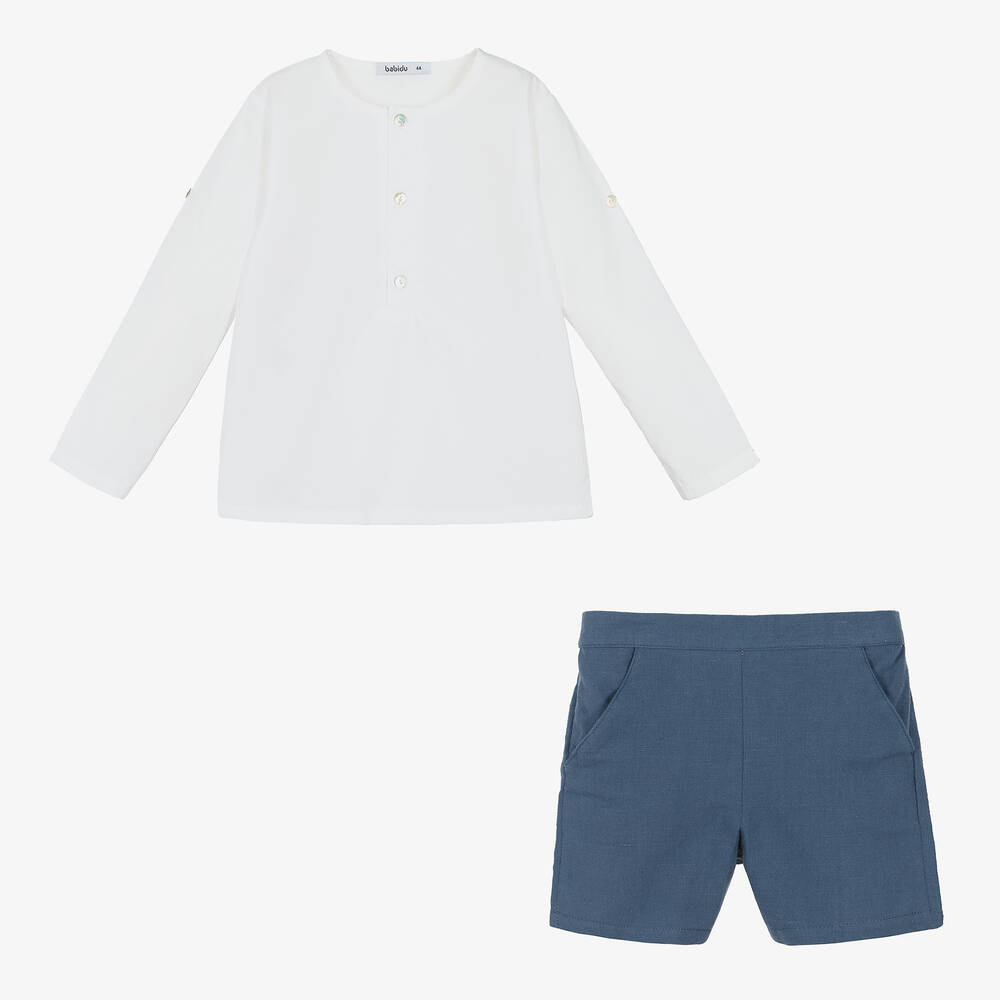 Babidu-Boys White & Blue Cotton Shorts Set | Childrensalon Outlet