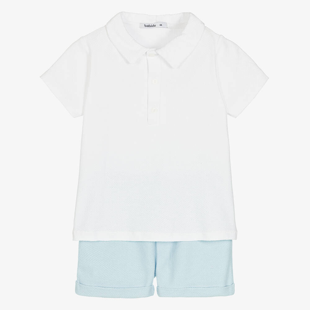 Babidu - Boys White & Blue Cotton Shorts Set | Childrensalon