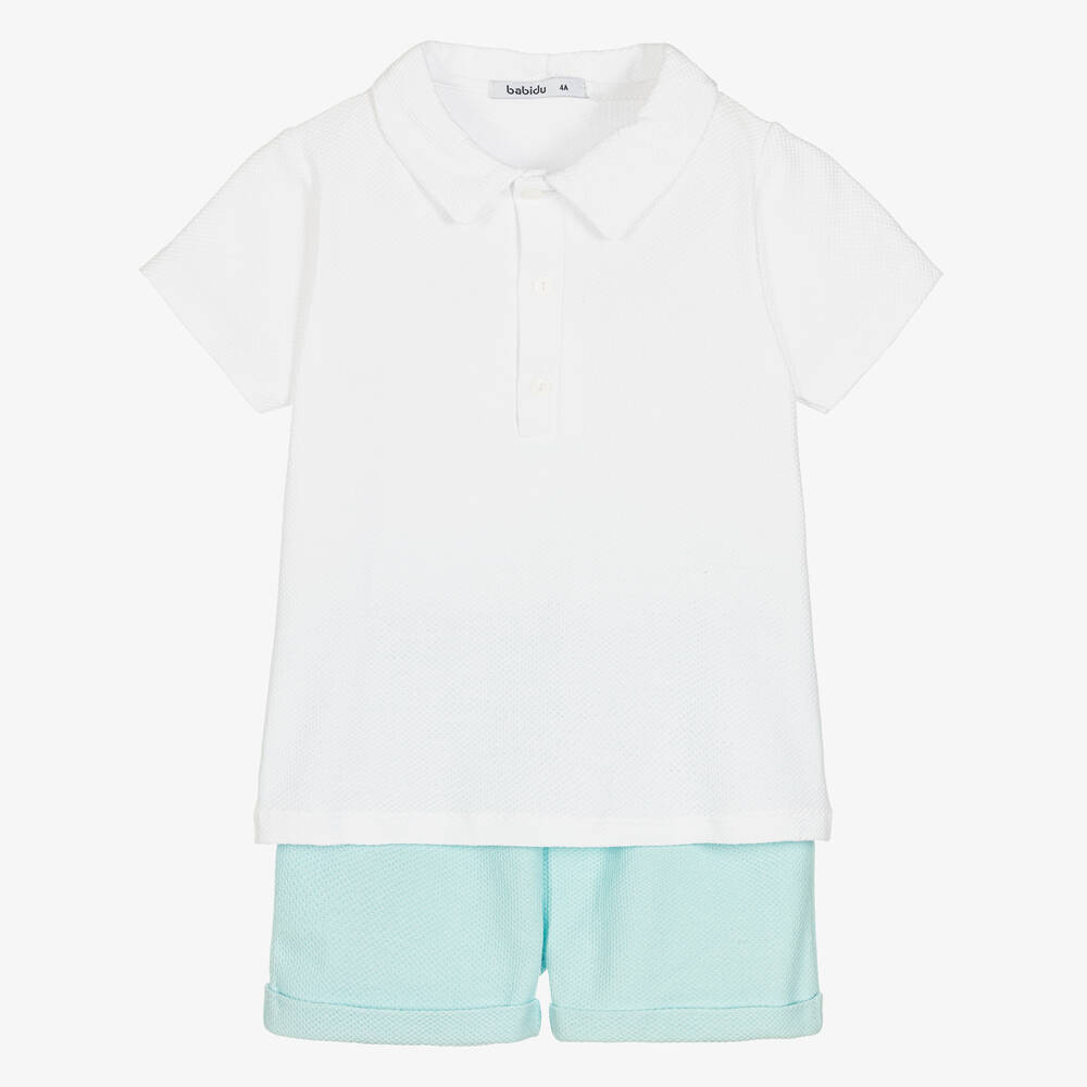 Babidu-Boys White & Blue Cotton Shorts Set | Childrensalon Outlet