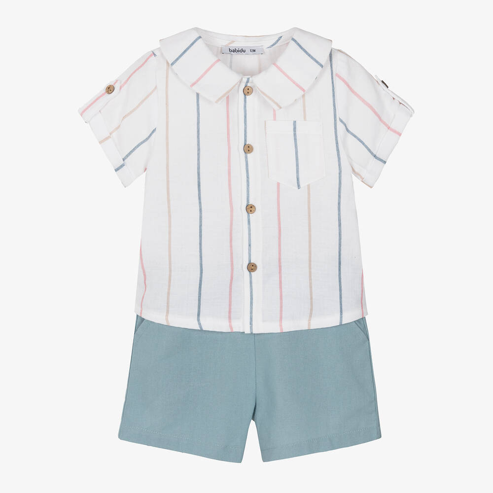 Babidu-Boys White & Blue Cotton Shorts Set | Childrensalon Outlet