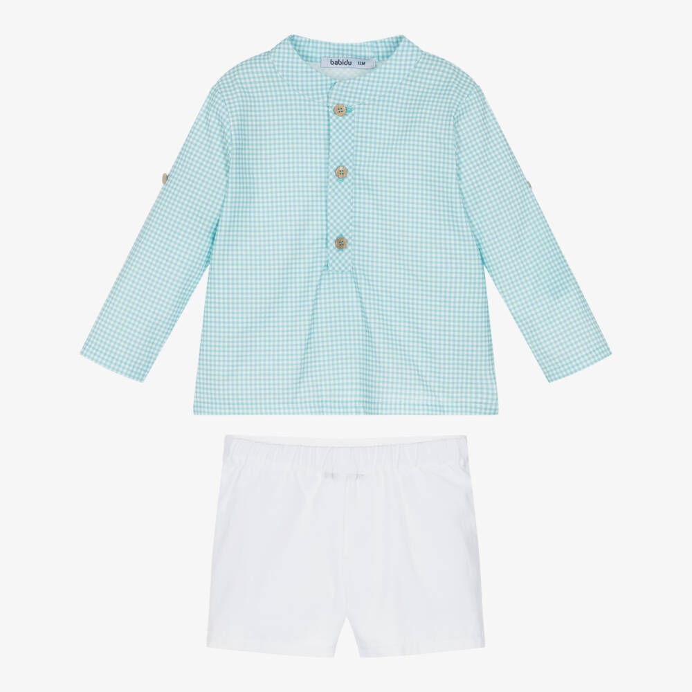 Babidu-Boys White & Blue Gingham Check Cotton Shorts Set | Childrensalon Outlet