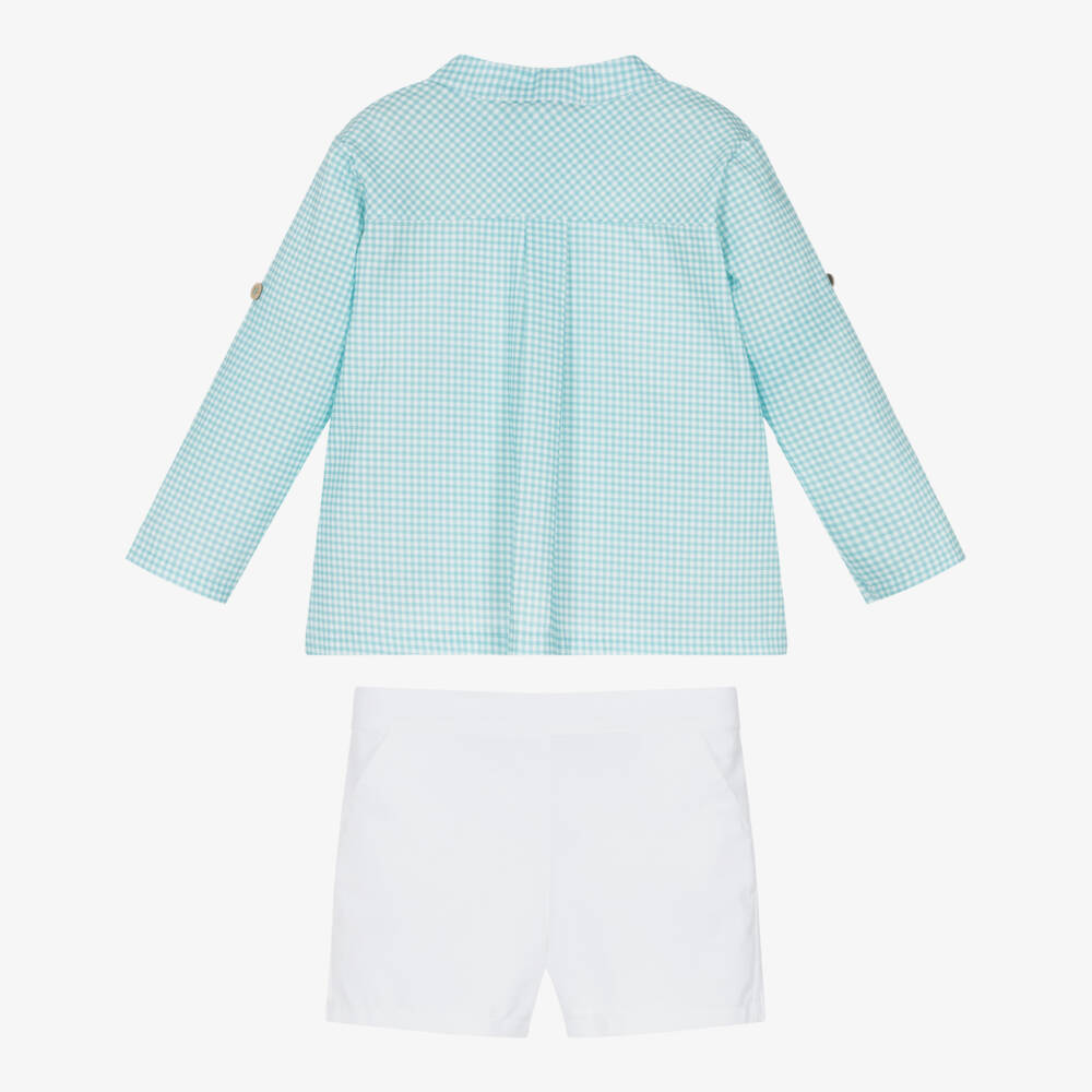 Babidu-Boys White & Blue Gingham Check Cotton Shorts Set | Childrensalon Outlet