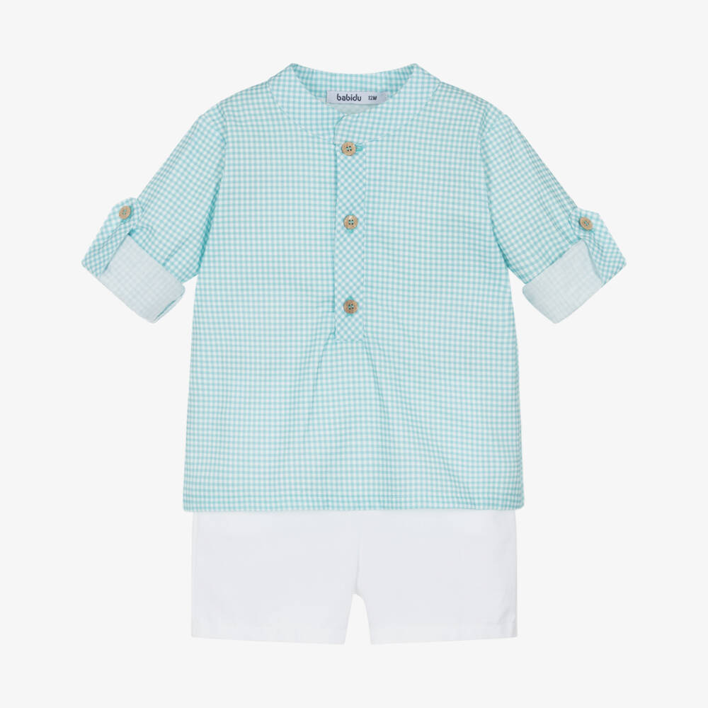 Babidu-Boys White & Blue Gingham Check Cotton Shorts Set | Childrensalon Outlet