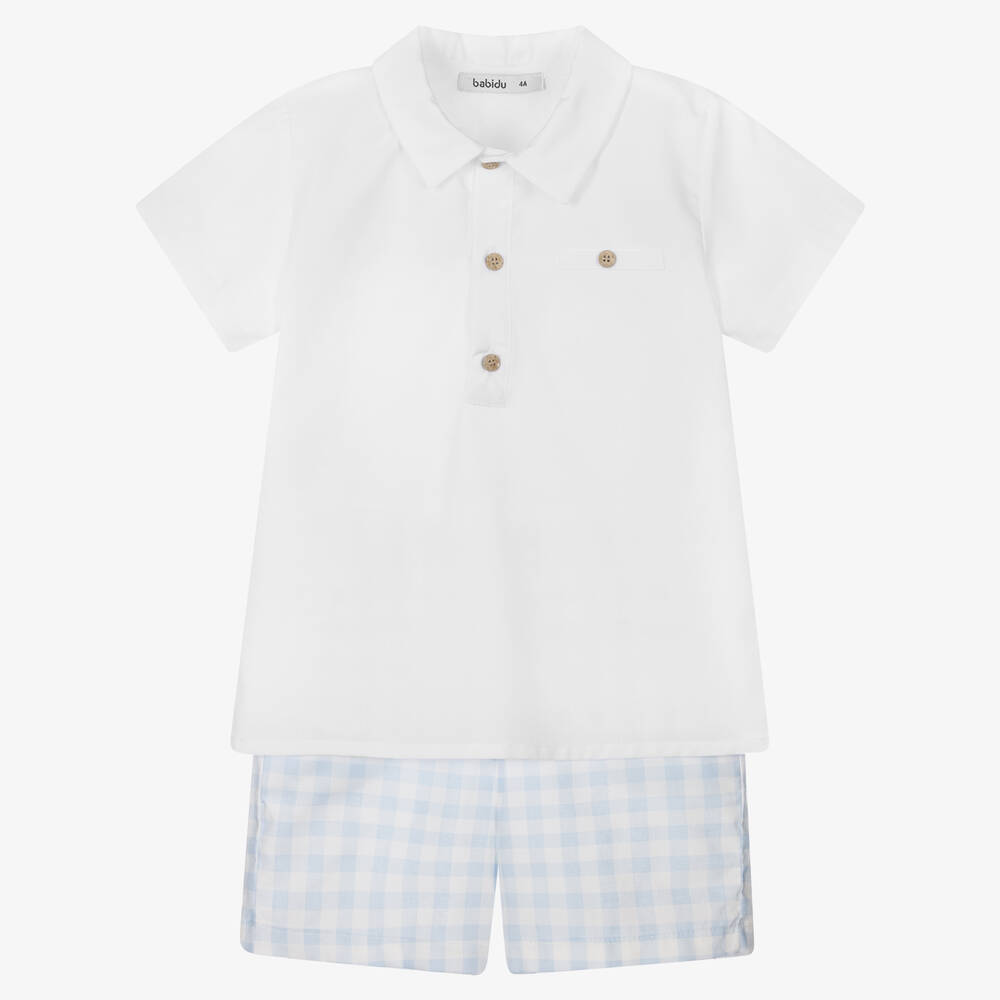 Babidu - Boys White & Blue Gingham Shorts Set | Childrensalon