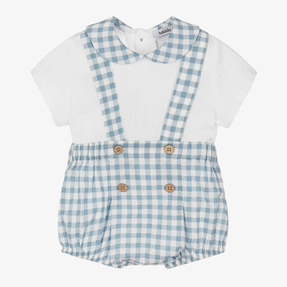 Babidu-Boys White & Blue Gingham Shorts Set | Childrensalon Outlet