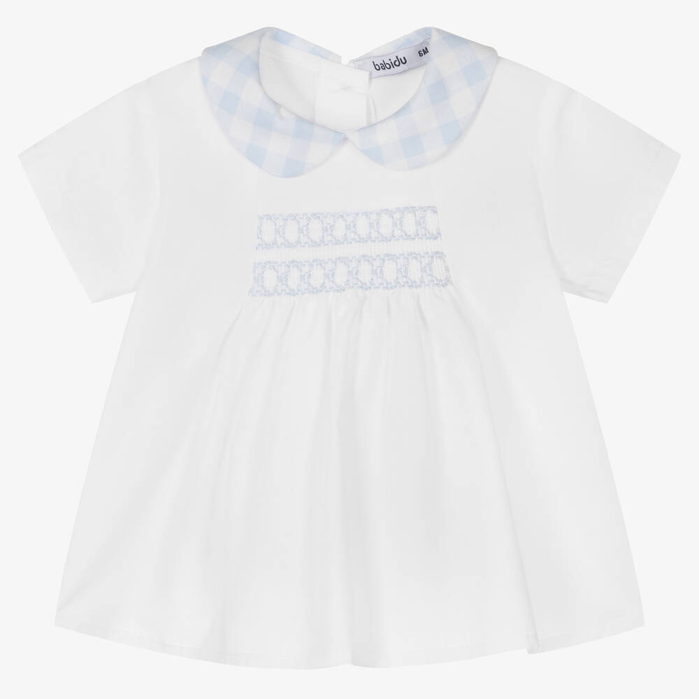 Babidu-Boys White & Blue Smocked Shorts Set | Childrensalon Outlet